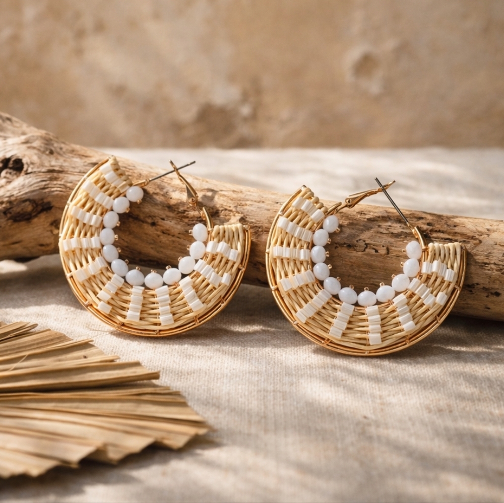 Indian Artisanal Woven Hoop Earrings White Beads Boho Rose Gold 1.75"